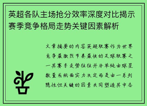 英超各队主场抢分效率深度对比揭示赛季竞争格局走势关键因素解析