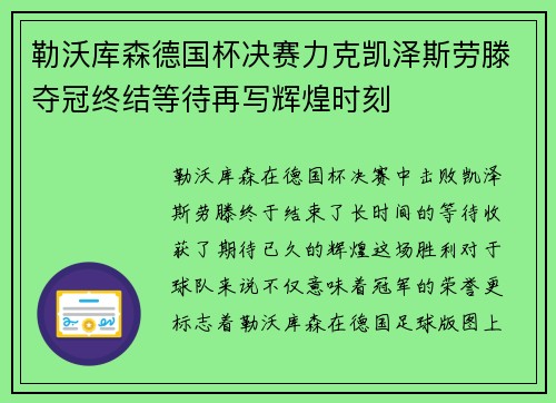 勒沃库森德国杯决赛力克凯泽斯劳滕夺冠终结等待再写辉煌时刻