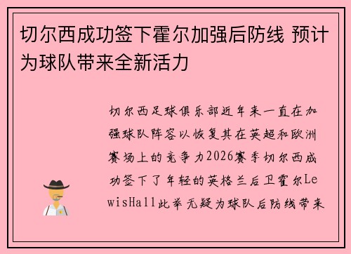 切尔西成功签下霍尔加强后防线 预计为球队带来全新活力 切尔西成功签下霍尔加强后防线 预计为球队带来全新活力