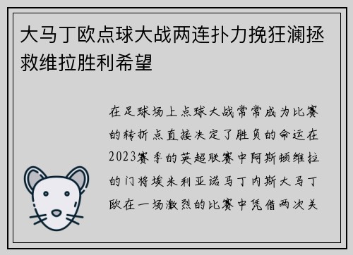 大马丁欧点球大战两连扑力挽狂澜拯救维拉胜利希望